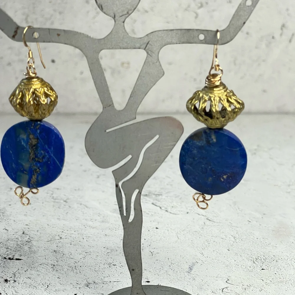 Artisan Blue and Gold Lapis Lazuli Dangle Earrings. - Picture 3 of 6
